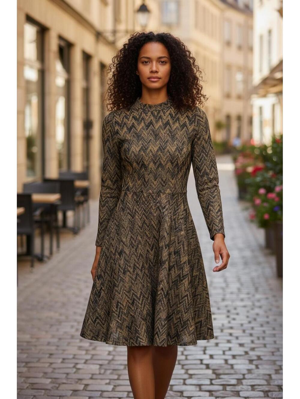 Dina Be Chevron Pattern Long Sleeve Fit and Flare Dress with Keyhole Back SZ L